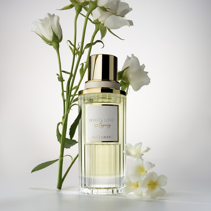 New White Linen legacy fragrance with notes pictured arround the bottle